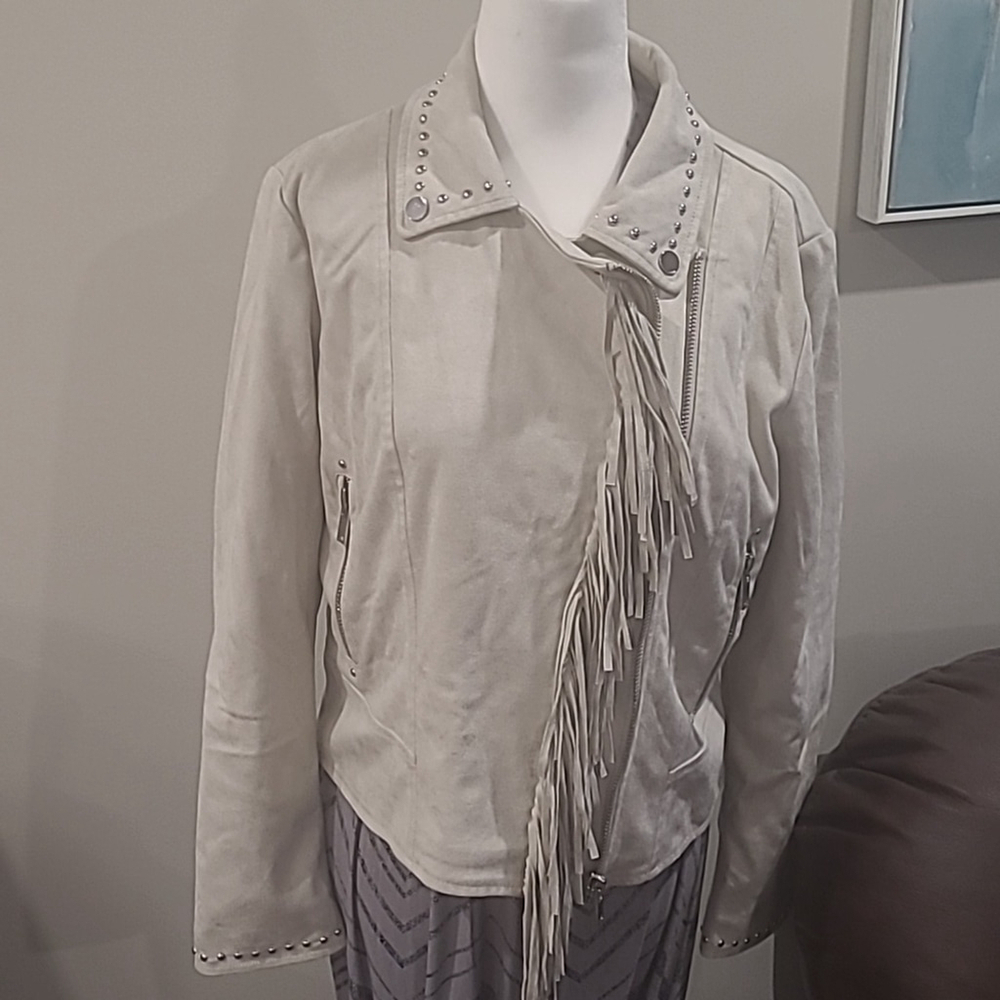 MANGO NEW CROPPED FRINGED STUDDED SUEDE JACKET MEDIUM
